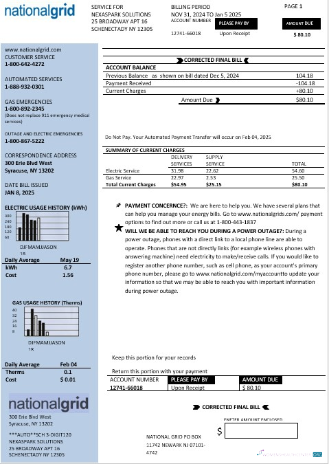 USA New York National Grid business utility bill template in Word and PDF formats